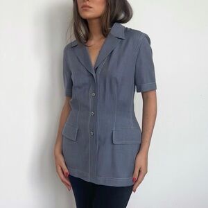 Vintage Escada blue wool contrast stitch collared blouse